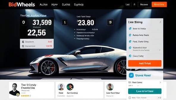 An online auction platform showcasing a sleek sports car under spotlight with a countdown timer, live bidding interface, and user profiles of active participants, creating a dynamic and engaging atmosphere at the BidWheels Auction House virtual event, highlighting the thrill of online car auctions.