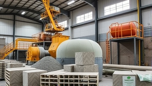 An industrial facility showcasing the production process of sustainable concrete alternatives using recycled materials, highlighting the innovation and eco-friendly practices of Greencrete Solutions in the construction industry.