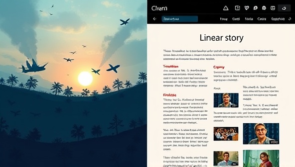 A split-screen showing a traditional linear story on one side and an interactive web story on the other, with engaging animations, clickable elements, and embedded videos, illustrating the dynamic and immersive nature of interactive web storytelling.