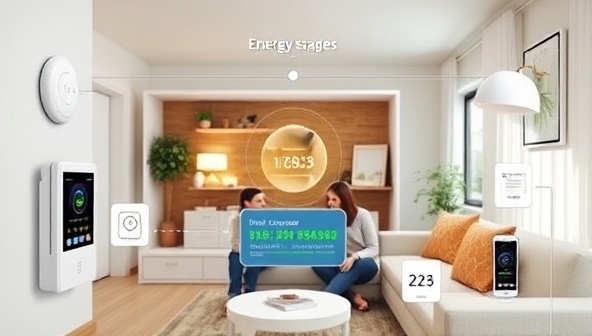 A modern home interior with smart devices connected to a central control hub, displaying real-time energy usage data and suggesting significant energy savings, with a happy family enjoying a comfortable and eco-friendly living environment.