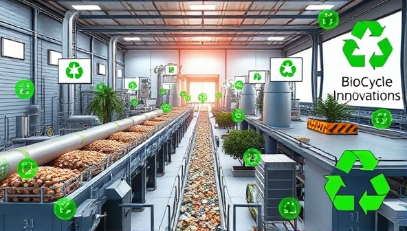 An artist's rendering of a cutting-edge biotech waste recycling plant with conveyor belts and sorting equipment, transforming biohazardous waste into reusable materials, surrounded by green energy symbols and recycling logos, symbolizing the eco-friendly and innovative approach of BioCycle Innovations in waste management.