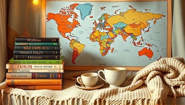 A cozy reading nook setup with a stack of travel-themed books, a world map pinned with literary destinations, a warm blanket, and a cup of tea, inviting readers to embark on a virtual exploration of cultures and adventures through the power of storytelling.