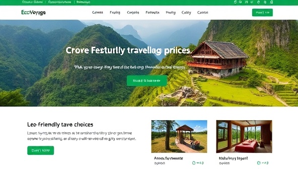 An immersive website screenshot of EcoVoyage featuring lush green landscapes and eco-friendly accommodation options, inviting travelers to explore sustainable travel choices and make a positive impact while discovering the world.
