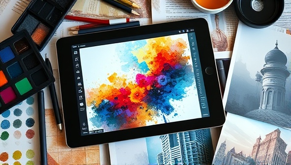 An artist's digital workspace displayed on a tablet screen, showcasing a work-in-progress digital painting, surrounded by a stylus, color palette, and inspirational images, capturing the essence of creativity and digital artistry.