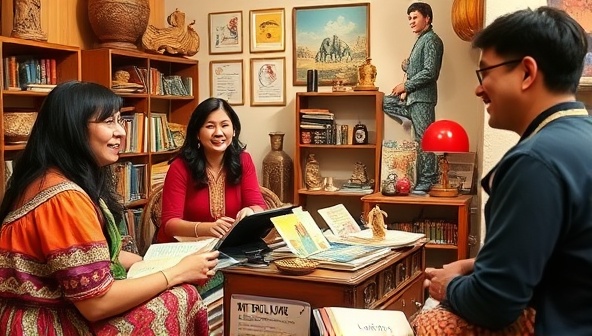 An interactive language lesson scene with virtual tour participants engaging in a lively conversation with a native speaker, surrounded by cultural artifacts and language learning materials, fostering a dynamic and engaging language immersion experience in a digital setting.