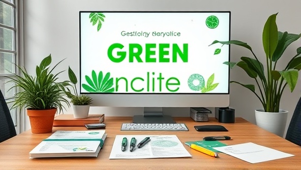 An eco-friendly office setting with sustainable marketing materials such as recycled paper, plant-based ink pens, and a digital screen displaying green campaign visuals, promoting a green and innovative work environment.