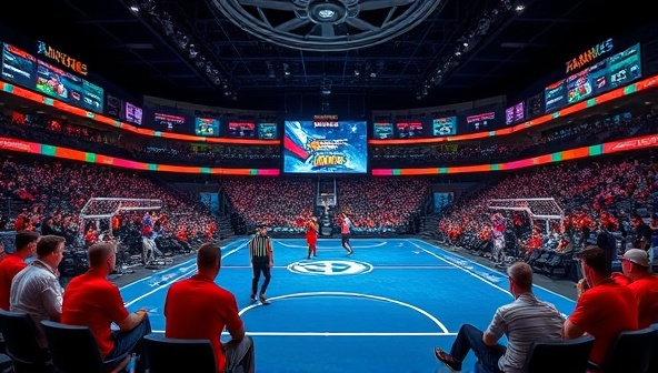 An immersive fantasy sports arena filled with virtual teams competing in real-time matches, with dynamic player stats and leaderboards updating on a digital display, showcasing the interactive and competitive nature of FantasyBet Arena's fantasy betting league platform.