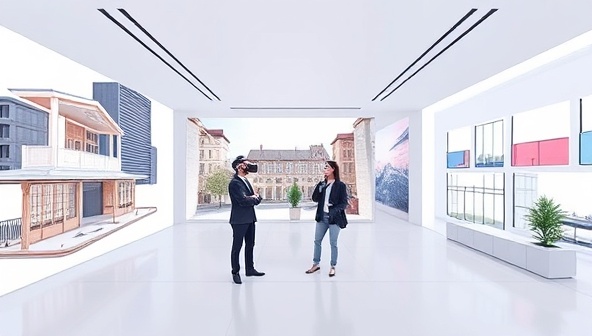 A virtual reality room showcasing different architectural design styles and elements, with a team of designers virtually presenting concepts to a client, creating a dynamic and immersive design consultation experience.