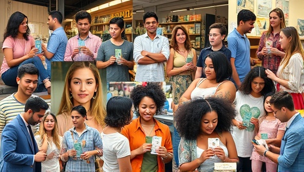 A vibrant collage showcasing a diverse group of local influencers interacting with products or services from various small businesses in a community setting, conveying authenticity and local connection.