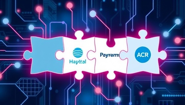 An artistic representation of a digital platform connecting puzzle pieces with influencer and brand logos, symbolizing the seamless matchmaking process and collaborative partnerships facilitated by MicroReach Connect.