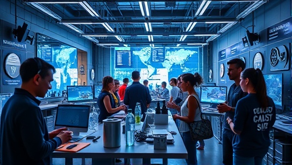 An innovative tech hub space with futuristic fitness gadgets, interactive displays, and diverse groups of tech enthusiasts collaborating on projects and exchanging ideas, creating a dynamic and forward-thinking environment.