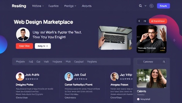 A dynamic digital marketplace interface showcasing designer profiles, project listings, and client reviews, highlighting the diversity and talent available on the platform for web design projects.
