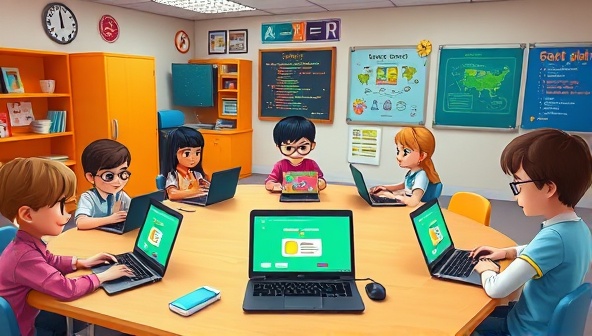 A colorful and playful virtual classroom environment with animated characters coding on laptops and tablets, surrounded by coding puzzles and challenges, creating a vibrant and engaging learning space for young coders.