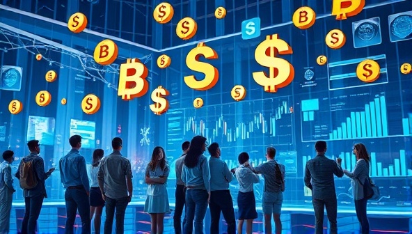 A dynamic and futuristic visualization of digital currency symbols floating in a virtual space, with a diverse group of individuals interacting with graphs and charts on transparent screens, symbolizing the accessibility and innovation of the platform.