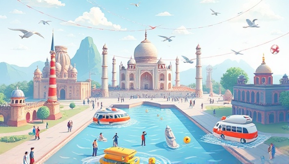A captivating digital illustration of a virtual travel adventure through iconic landmarks and scenic landscapes, with users engaging in interactive experiences and cultural activities, capturing the essence of virtual exploration offered by WanderWise Virtual.
