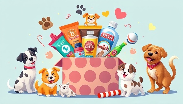 An artistic and colorful illustration of a variety of pet products bursting out of a beautifully designed subscription box, surrounded by happy, playful pets, evoking a sense of joy and excitement for both pets and owners.