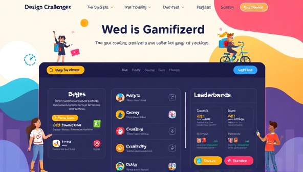 A dynamic and colorful gamified platform interface showcasing design challenges, badges, and leaderboards, with animated characters and creative design tasks, illustrating the concept of a web design gamification platform.