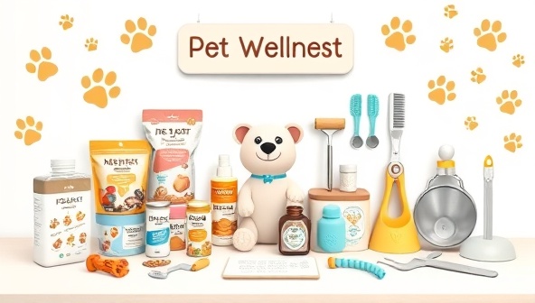 An adorable pet wellness kit displayed with pet treats, grooming tools, toys, and a virtual vet consultation setup, surrounded by paw prints and playful pet motifs, creating a cheerful and pet-friendly atmosphere.