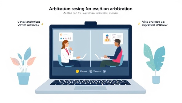 An illustrative representation of a digital platform showcasing a virtual arbitration session with participants engaging in a resolution process, mediated by an experienced arbitrator, highlighting the convenience and professionalism of ArbiterNow's services.