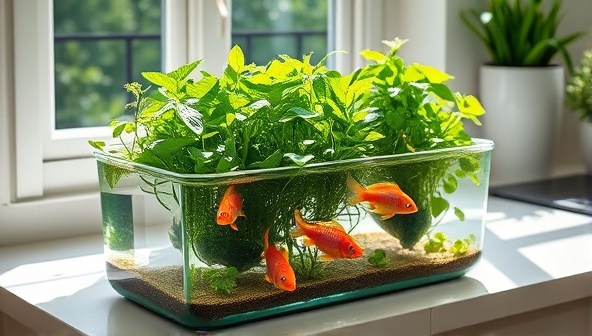 An elegant and compact aquaponic garden setup on a sunny kitchen counter, showcasing lush green herbs and vegetables thriving in harmony with a school of colorful fish swimming in the clear water below, illustrating the beauty and functionality of sustainable food production at home.