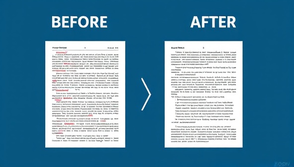 A visually engaging graphic showcasing a before-and-after comparison of a manuscript page, with the original text marked up with corrections and comments on one side, and the polished, edited version on the other side, highlighting the transformative impact of professional editing services on writing quality.