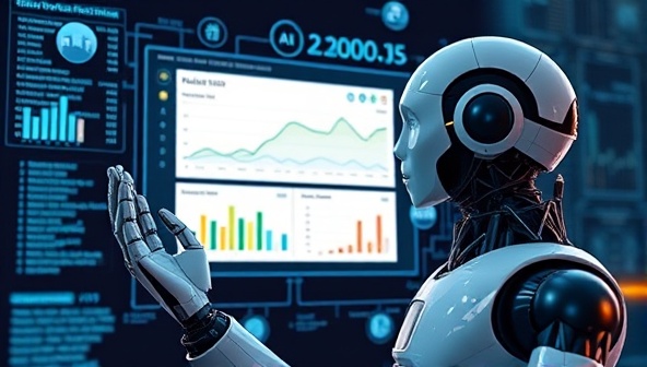 An AI-powered robot analyzing various property data points and generating valuation reports on a digital screen, with graphs and charts displaying property values, showcasing the advanced technology and data-driven approach of ValuAId's property valuation tool.