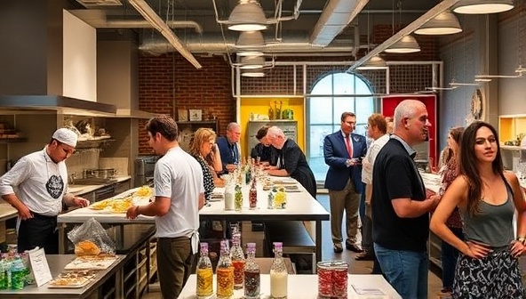 A bustling culinary hub with chefs experimenting in the shared kitchen, food entrepreneurs showcasing their products at a tasting event, and industry mentors providing guidance and support, illustrating a vibrant and creative space for culinary innovation and collaboration.