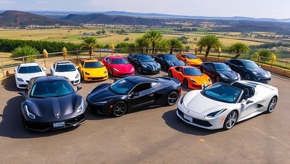 An array of luxury and exotic cars lined up in a picturesque setting with a scenic backdrop, representing the premium and exclusive driving experiences available through DreamDrive Exotics.