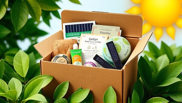 An artistic representation of a subscription box filled with solar-powered gadgets, educational booklets, and eco-friendly products, surrounded by green leaves and a bright sun, symbolizing sustainability and innovation.