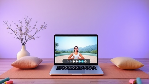 A serene virtual retreat setup with a calming background, a yoga mat, meditation cushions, and a laptop displaying a live wellness session, promoting relaxation and mindfulness.