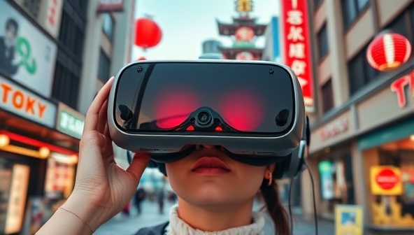 An immersive VR headset display featuring a user exploring the vibrant streets of Tokyo, with digital overlays of tour guides, cultural insights, and interactive elements, conveying the futuristic and exploratory nature of virtual travel experiences.
