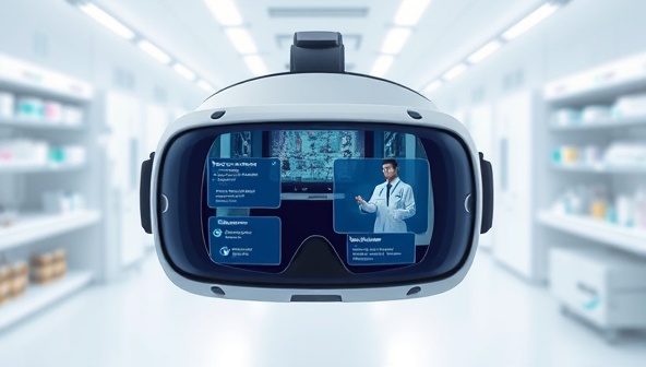 An immersive VR headset displaying a pharmaceutical laboratory environment, medical equipment, and interactive training modules, illustrating the engaging and realistic training experience offered by PharmaVR Institute for pharmaceutical professionals and healthcare practitioners in virtual reality.