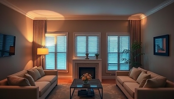 An elegant living room setting with smart devices seamlessly integrated, such as voice-controlled lighting, automated blinds, and a smart thermostat, illustrating the comfort and sophistication of a modern smart home.