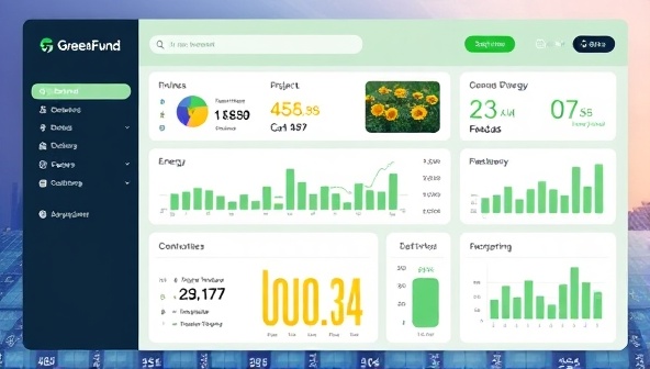 An artistic representation of a digital investment dashboard showcasing renewable energy projects, financial data, and sustainability impact metrics, highlighting the user-friendly interface and diverse investment opportunities available on GreenFund Connect.