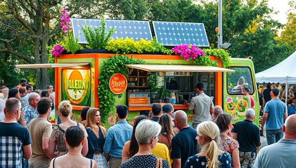 An artistically designed food truck adorned with vibrant greenery, solar panels on the roof, and a bustling crowd of eco-conscious customers enjoying flavorful plant-based street food, showcasing the sustainable and trendy concept of Green Gastronomy Wheels.