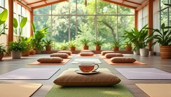 An inviting image of a serene wellness event setting with yoga mats, meditation cushions, herbal teas, and greenery, creating a tranquil and rejuvenating atmosphere for participants to immerse themselves in holistic wellness activities.