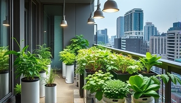 An innovative and sleek urban farming kit setup on a modern apartment balcony, showcasing lush greenery thriving under smart lighting and watering systems, appealing to urbanites seeking sustainable living solutions.