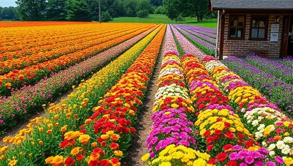 A picturesque flower field with rows of vibrant edible flowers in bloom, alongside a charming boutique showcasing colorful bouquets, dried petals, and herbal products, evoking a sense of natural beauty and culinary inspiration at Petals & Plates Farm's floral haven.