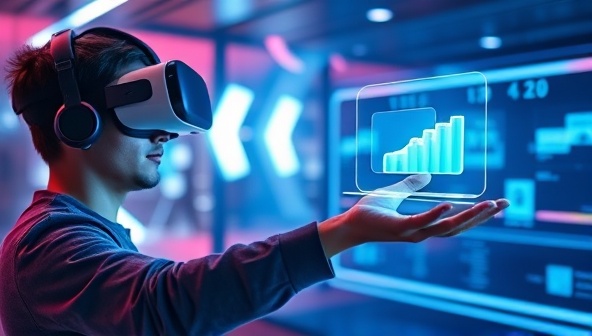 An individual wearing a VR headset, reaching out to touch a virtual representation of a product floating in a futuristic digital environment, illustrating the immersive and interactive nature of VR product showcases.