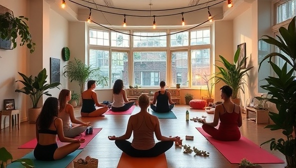A tranquil urban oasis featuring a serene yoga studio with soft lighting, plants, and calming decor, with a diverse group of people practicing yoga and meditation, radiating a sense of peace and well-being.