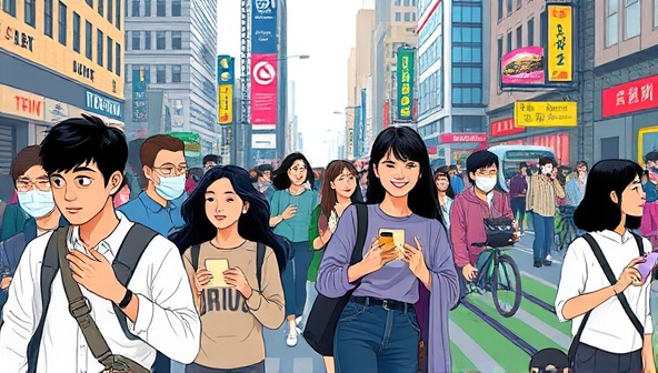 A vibrant cityscape with diverse individuals utilizing different modes of transportation seamlessly through the CityMove Pass app, showcasing the convenience and efficiency of the urban mobility subscription service in a bustling urban environment.