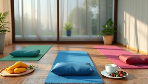 A serene virtual wellness retreat setting with images of yoga mats, meditation cushions, fresh fruits, and herbal teas, creating a tranquil and inviting atmosphere that embodies the essence of WellnessWander's virtual experiences.