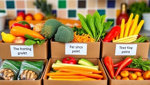 A colorful array of fresh ingredients neatly arranged in individual portioned boxes, with labels showcasing dietary preferences, surrounded by a vibrant kitchen backdrop, conveying freshness and customization.
