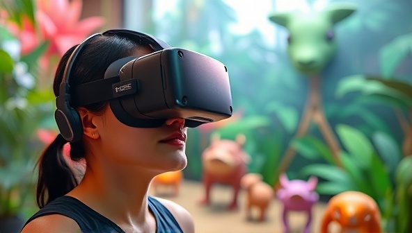 An individual wearing a VR headset immersed in a virtual fitness class set in a vibrant jungle environment, surrounded by animated creatures and obstacles, showcasing the immersive and engaging nature of the VR fitness experience.