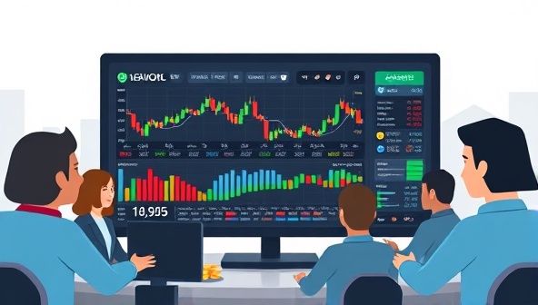 A digital interface displaying a virtual stock market trading platform with dynamic charts, graphs, and stock prices, surrounded by animated avatars of players engaging in trades and discussions, capturing the educational and competitive aspects of the stock market prediction game in an engaging visual representation.