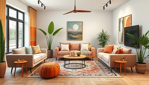 A virtual room visualization showcasing a stylish living space with a blend of modern and bohemian decor elements, featuring cozy furniture, vibrant accents, and lush greenery, creating a harmonious and inviting ambiance that reflects the essence of DesignZen Online's design philosophy.
