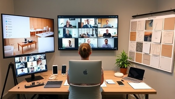A virtual event planning setup with an event planner coordinating a virtual conference on multiple screens, surrounded by event decor samples, tech gadgets, and a mood board, illustrating professionalism and virtual event management expertise.