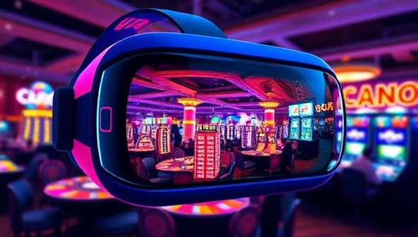 A futuristic virtual reality headset displaying a vibrant and bustling virtual casino scene, with players interacting and enjoying various games, showcasing the immersive and engaging experience of VR Casino Quest.