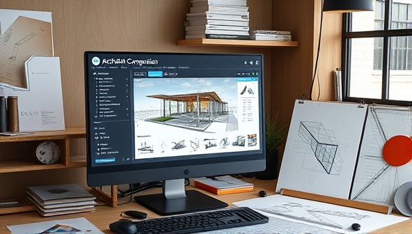An architectural workspace with a digital screen displaying the ArchAI Design Companion interface, suggesting design recommendations and real-time project insights, alongside architectural sketches and material samples, illustrating the synergy of AI and human creativity in architecture.