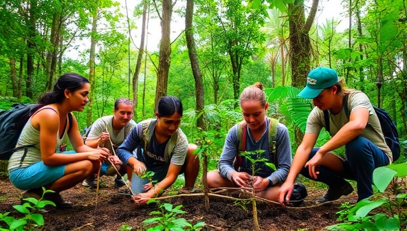 A group of travelers planting trees in a lush forest, wearing eco-friendly gear and surrounded by vibrant greenery, showcasing the hands-on conservation experience provided by GreenQuest Adventures.